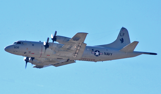 A US Navy P-3C Orion assigned to Patrol Squadron One Six (VP-16) flies over Greece in 2002. The L-188 Electra served as the basis for the much more successful Orion ASW platform. (US Navy)